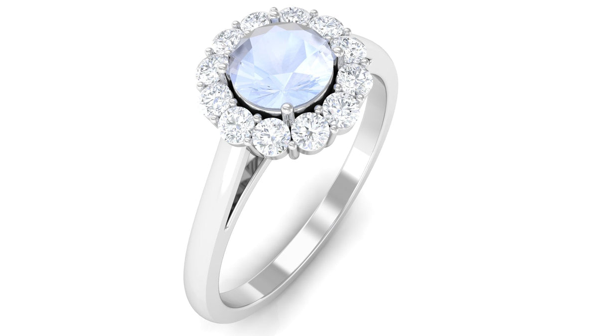 Moonstone Engagement Ring – Floating Halo Diamond Band in Solid Gold Design