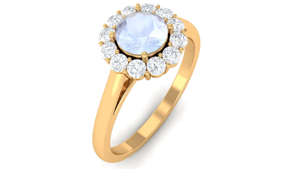 Moonstone Engagement Ring – Floating Halo Diamond Band in Solid Gold Design