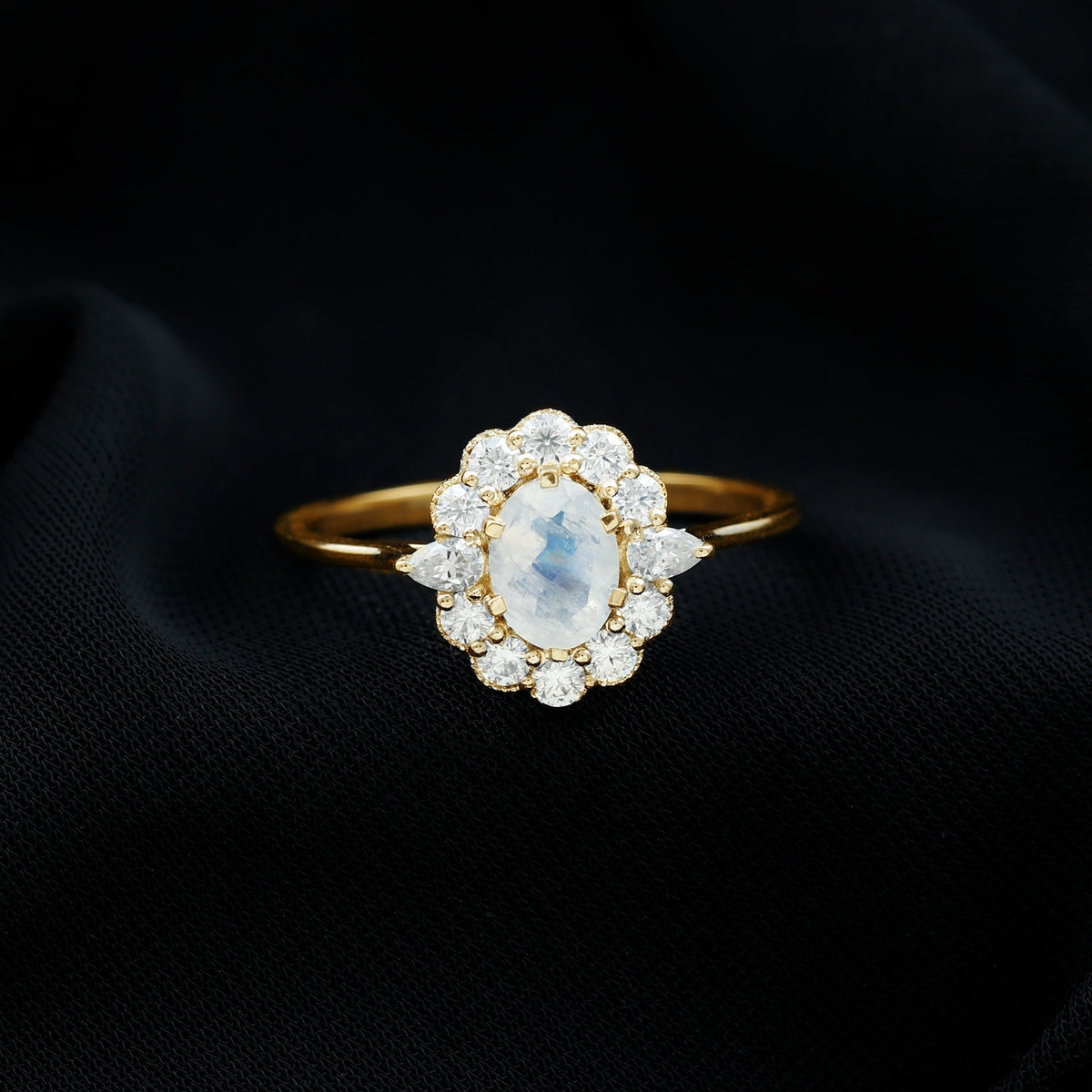 Moonstone Engagement Ring - Oval Blue Moonstone With Moissanite Halo Band