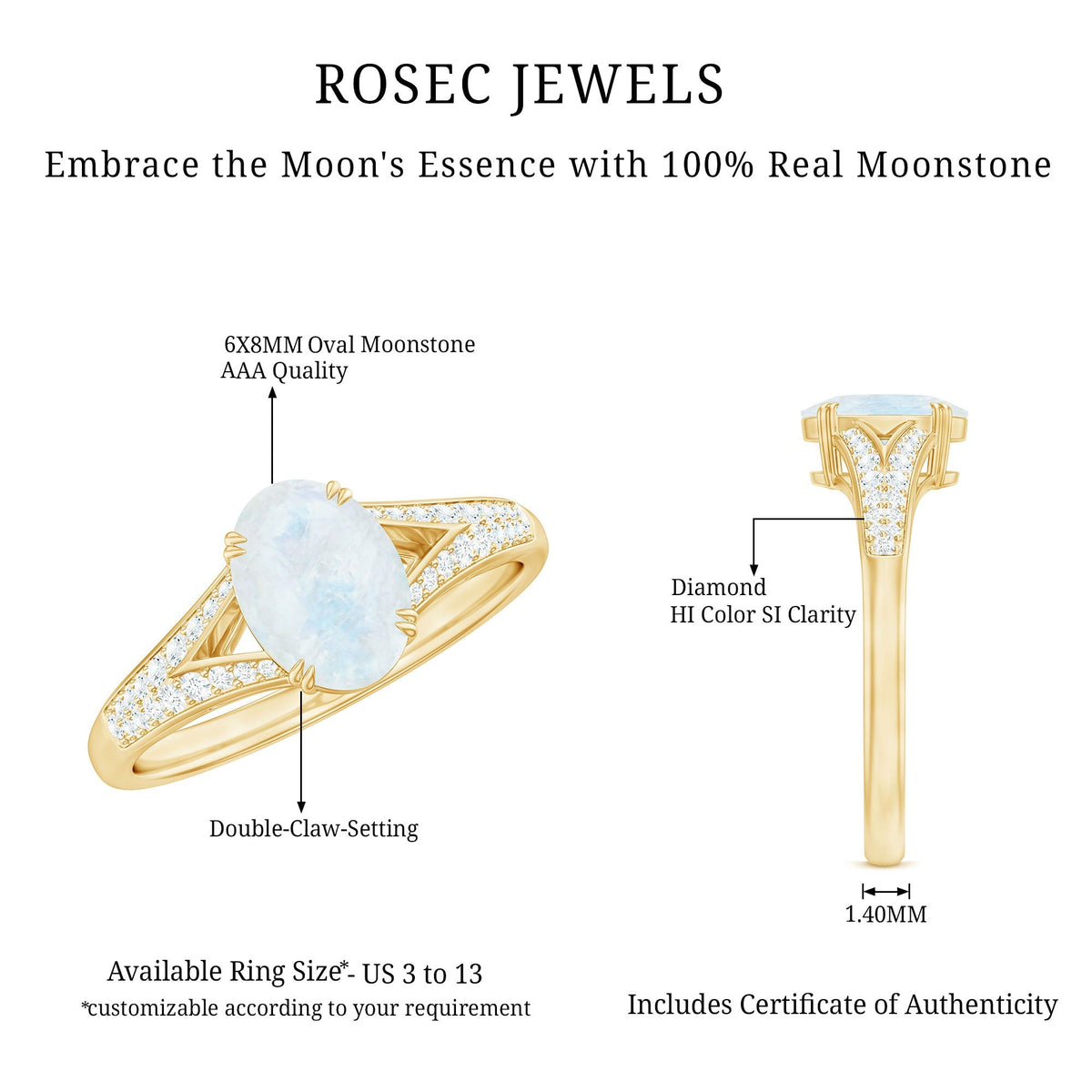 Moonstone Engagement Ring - Oval Cut Solitaire Diamond Accent Gold Band