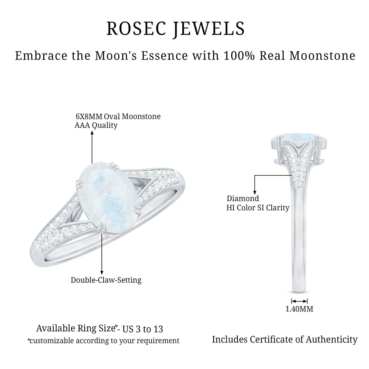 Moonstone Engagement Ring - Oval Cut Solitaire Diamond Accent Gold Band