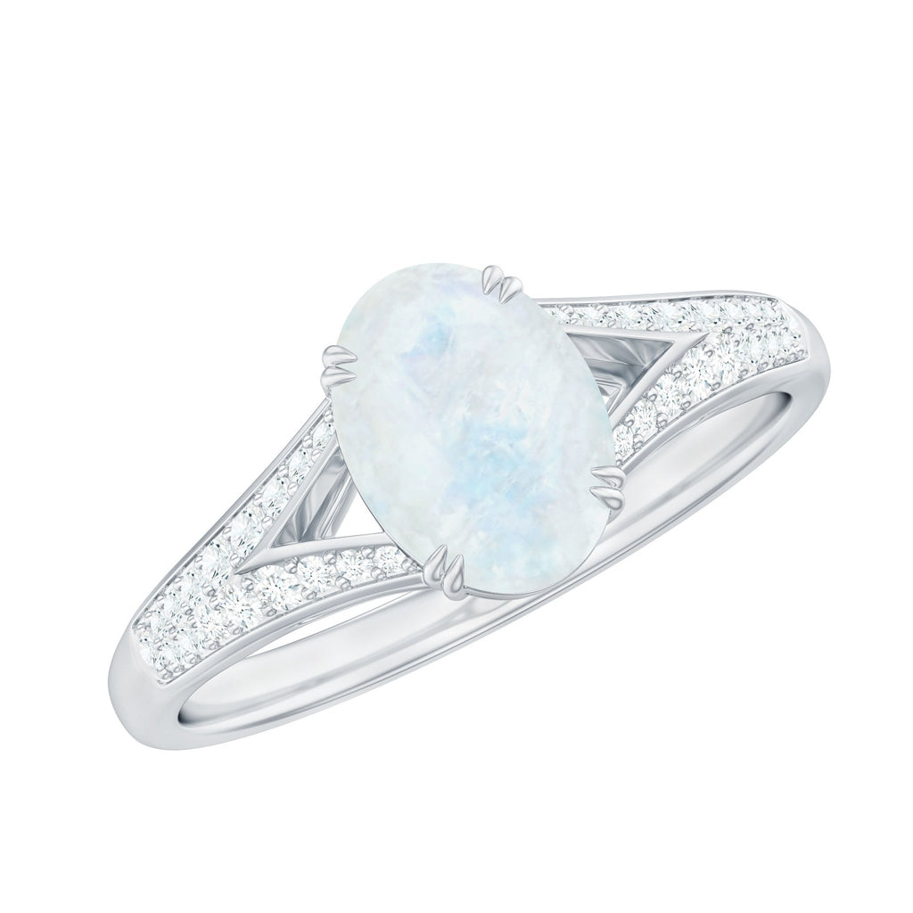 Moonstone Engagement Ring - Oval Cut Solitaire Diamond Accent Gold Band