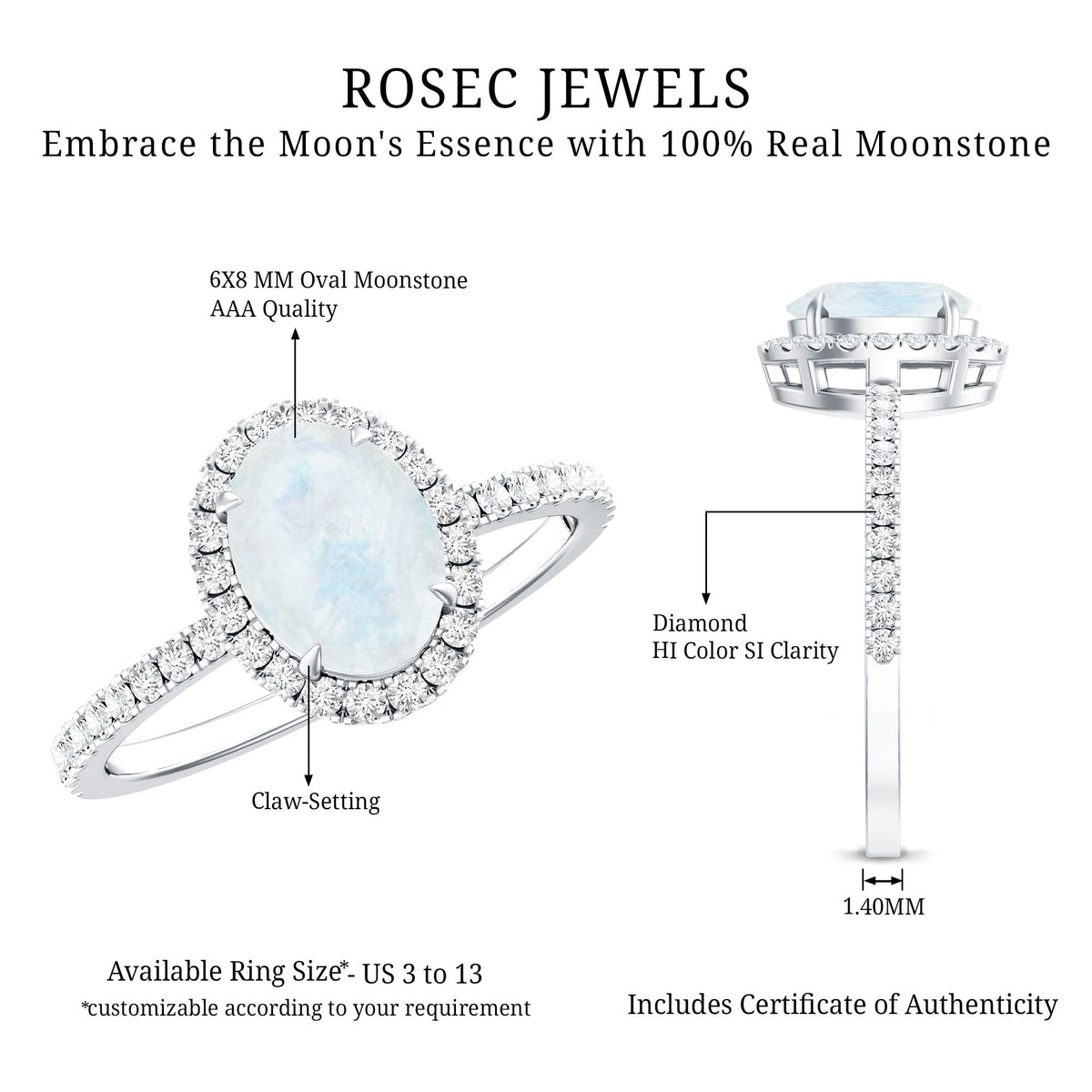 Moonstone Engagement Ring – Oval Moonstone Ring with Diamond Halo | Rosec Jewels
