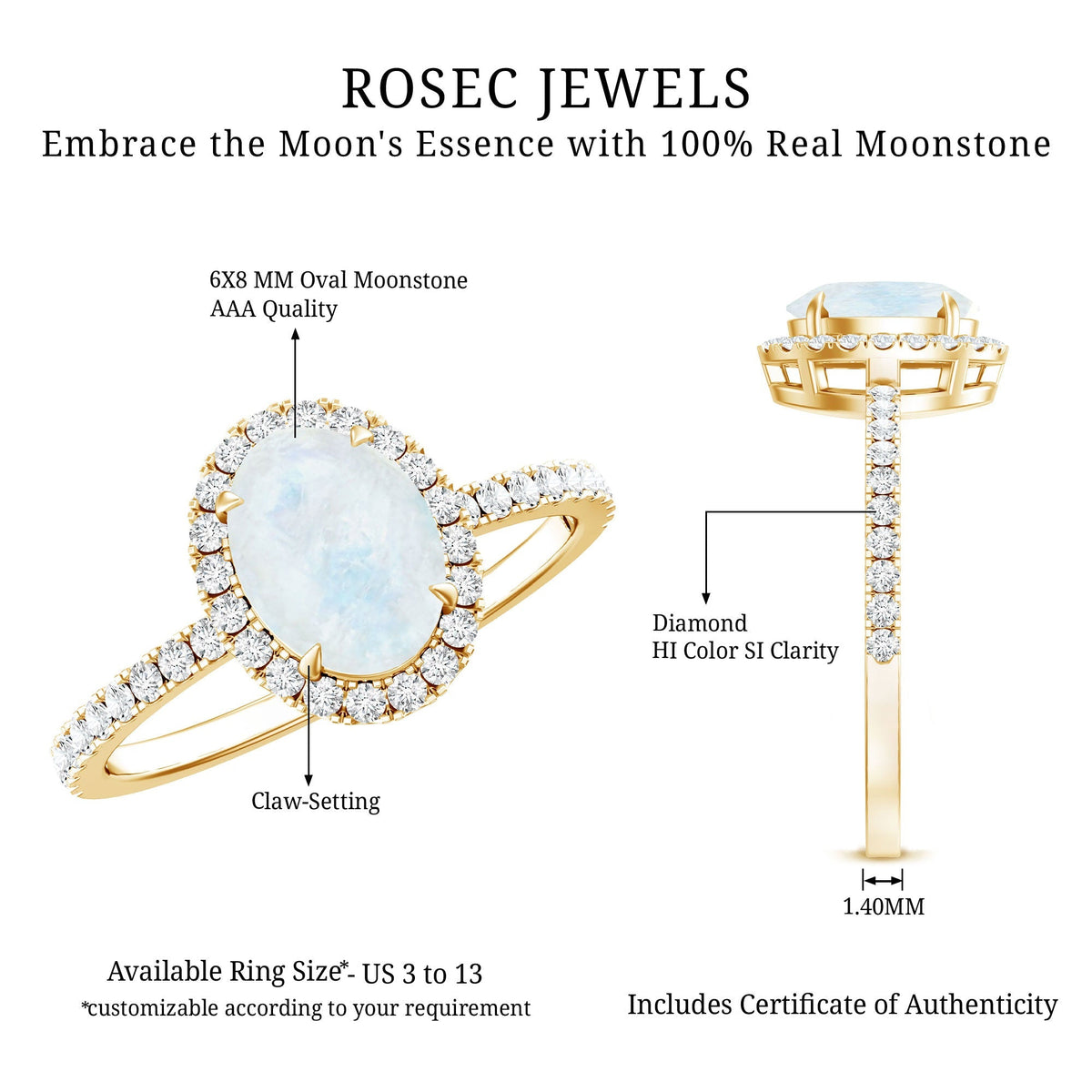 Moonstone Engagement Ring – Oval Moonstone Ring with Diamond Halo | Rosec Jewels