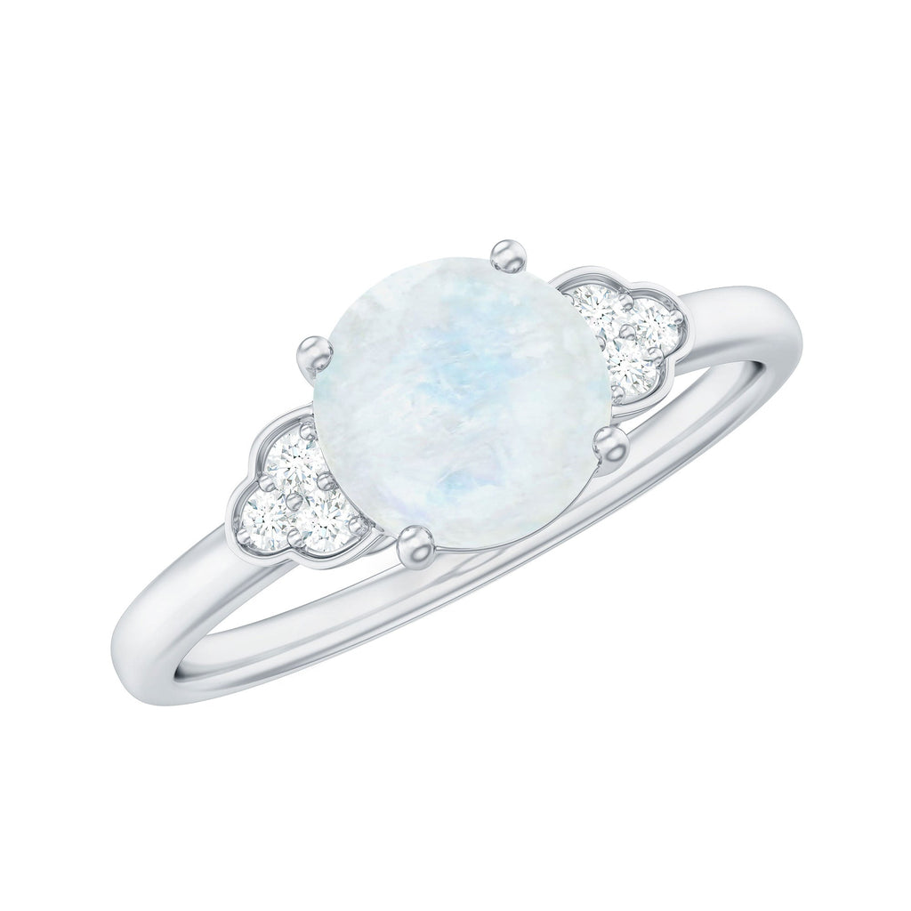 Moonstone Engagement Ring – Solitaire Blue Gemstone With Diamond Trio In Gold