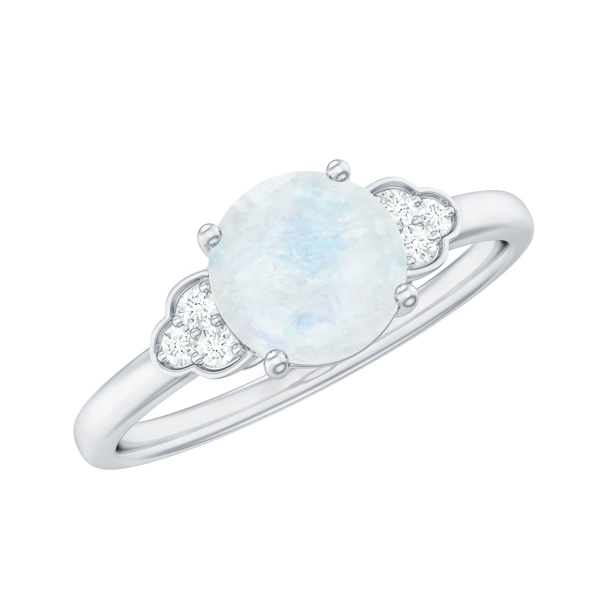 Moonstone Engagement Ring – Solitaire Blue Gemstone With Diamond Trio In Gold