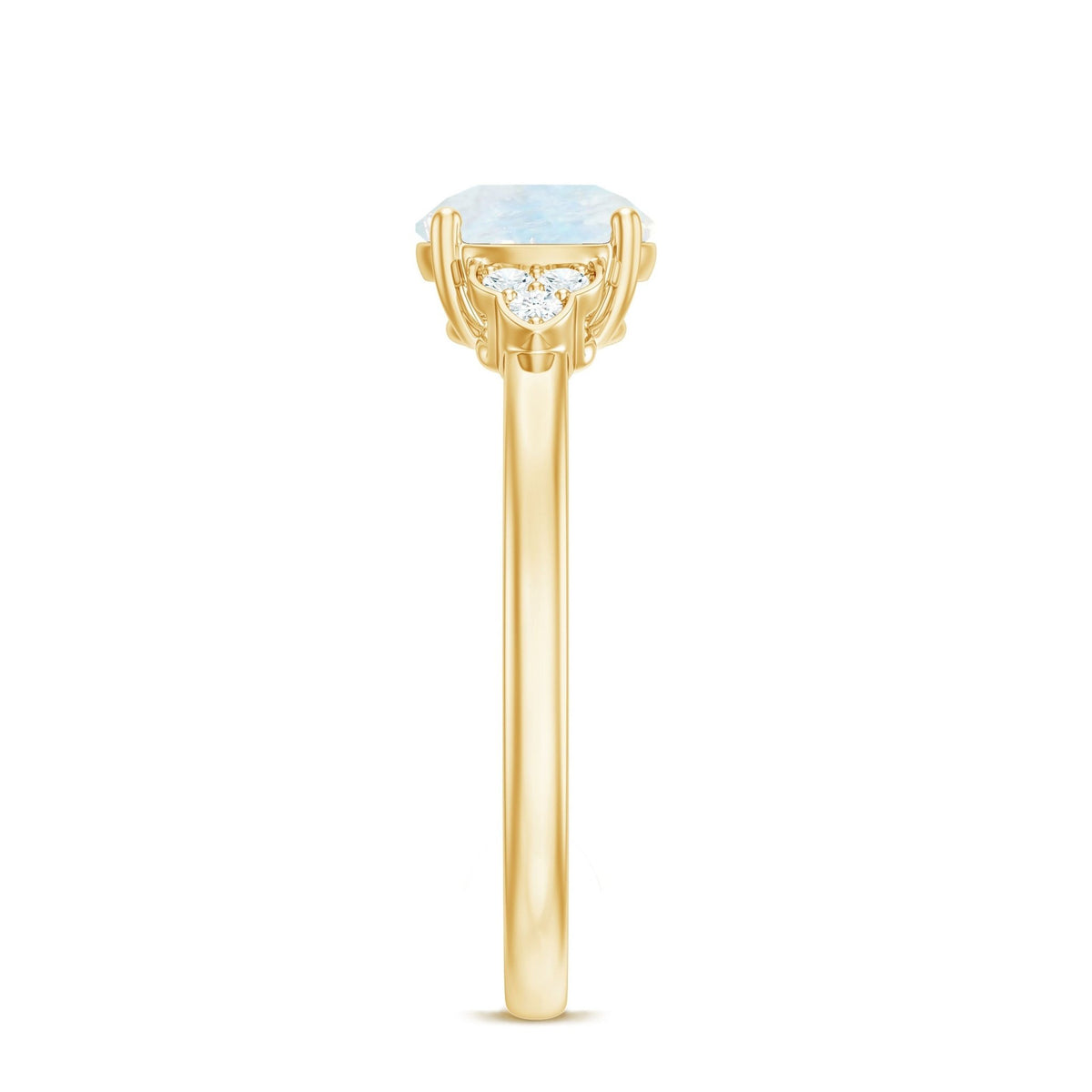 Moonstone Engagement Ring – Solitaire Blue Gemstone With Diamond Trio In Gold