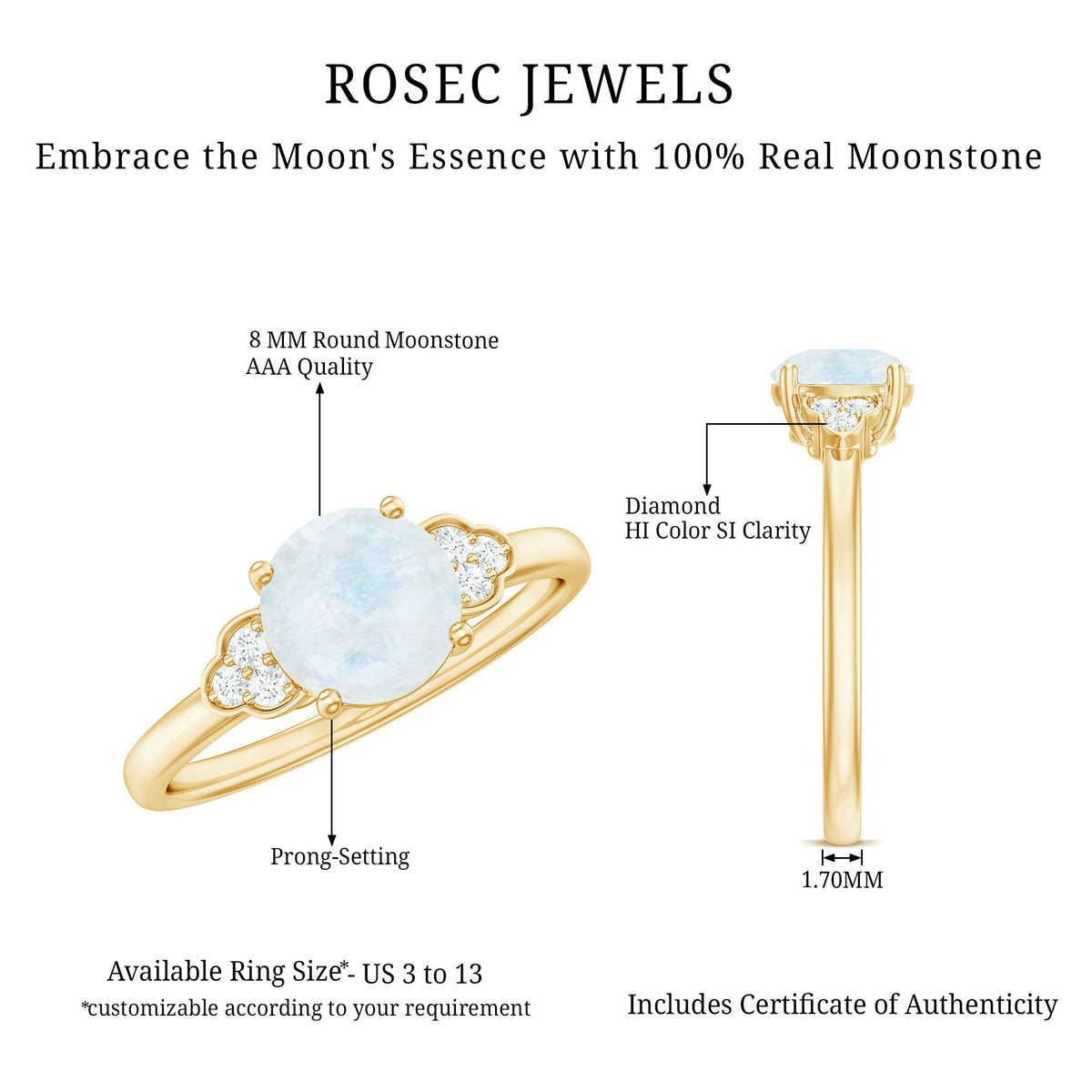 Moonstone Engagement Ring – Solitaire Blue Gemstone With Diamond Trio In Gold
