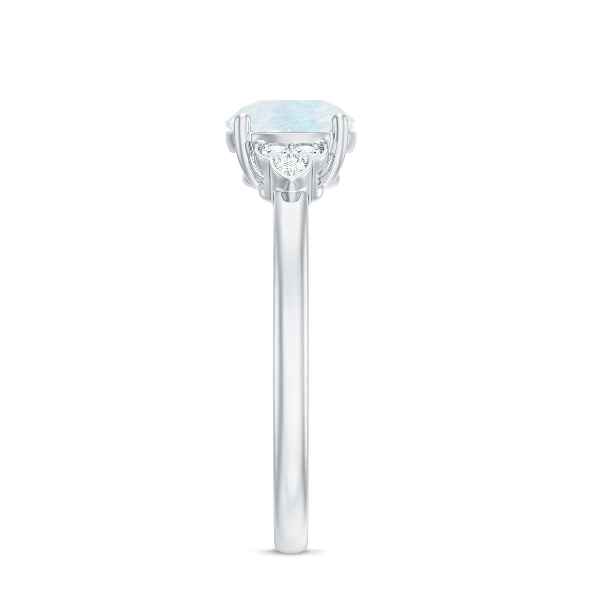 Moonstone Engagement Ring – Solitaire Blue Gemstone With Diamond Trio In Gold