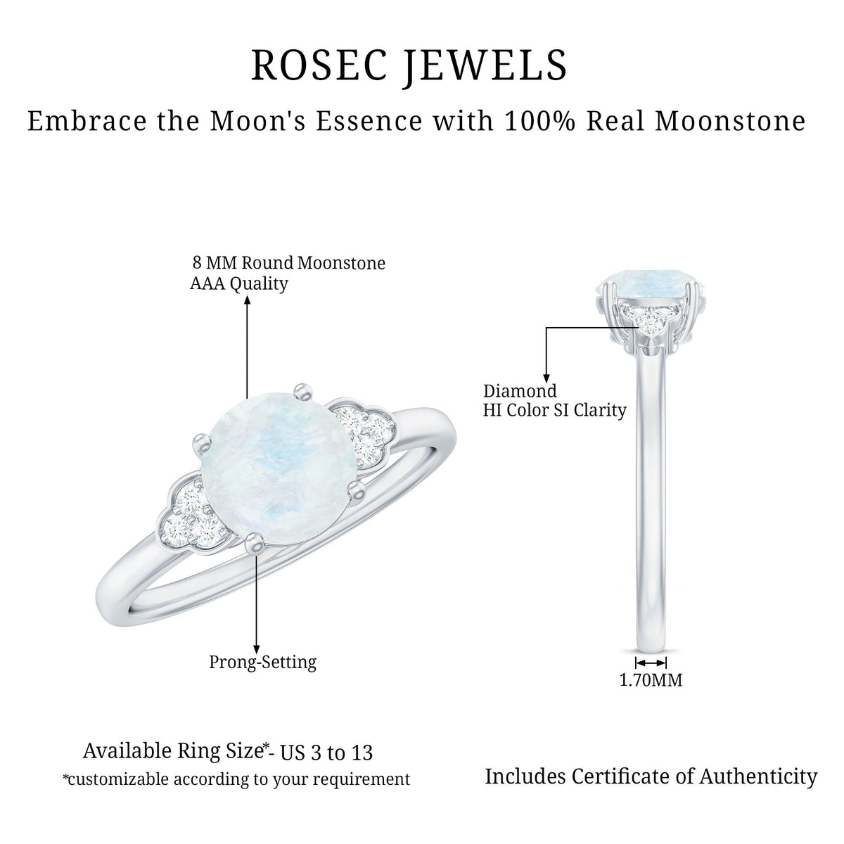Moonstone Engagement Ring – Solitaire Blue Gemstone With Diamond Trio In Gold