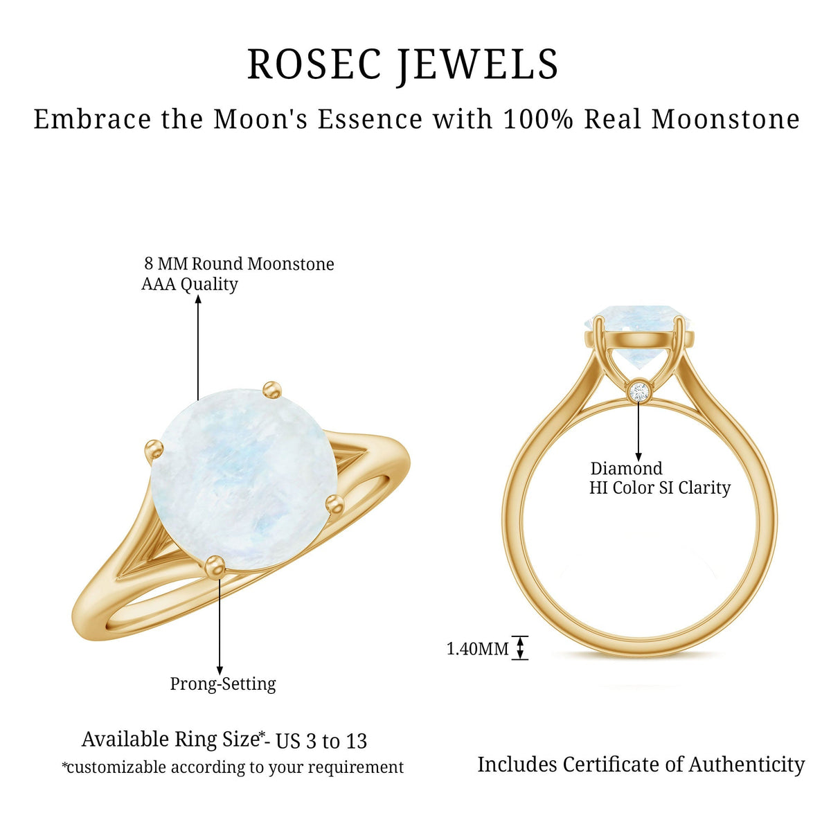 Moonstone Solitaire Ring – 0.8 Carat Natural Moonstone With Surprise Diamond Gold