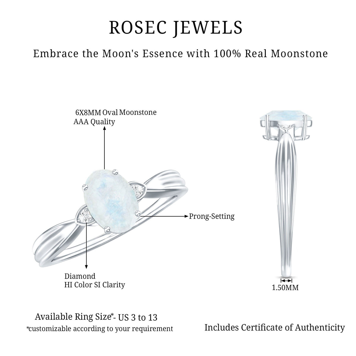 Moonstone Solitaire Ring – Oval Cut AAA Quality Diamond Engagement Band