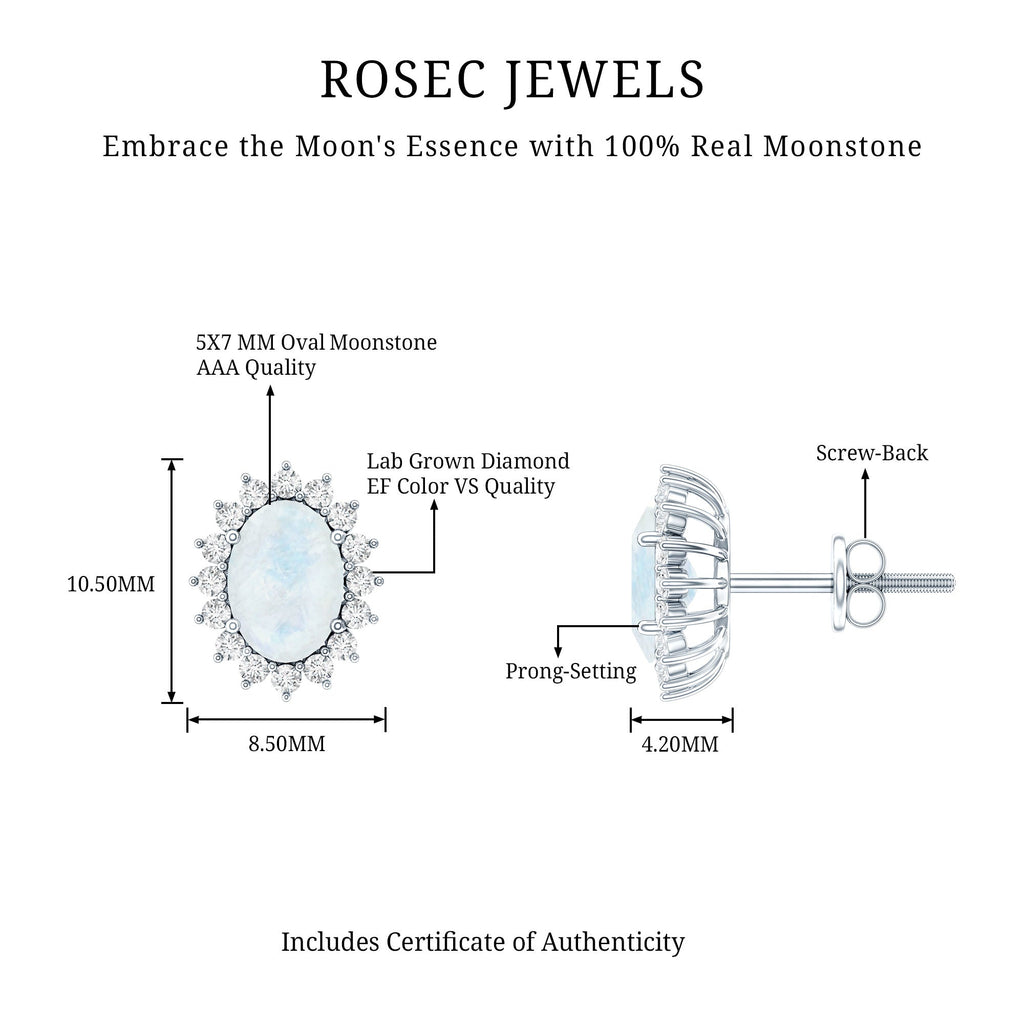 Moonstone Stud Earrings – Oval Moonstone Studs with Diamond Halo in 14K White Gold