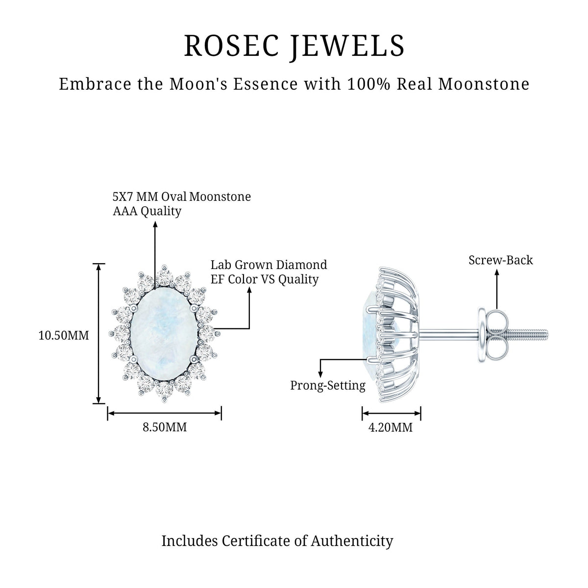 Moonstone Stud Earrings – Oval Moonstone Studs with Diamond Halo in 14K White Gold