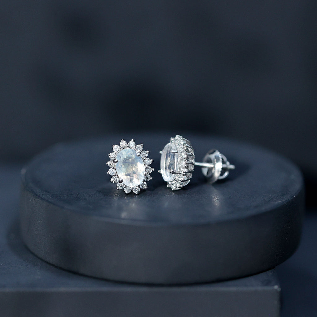 Moonstone Stud Earrings – Oval Moonstone Studs with Diamond Halo in 14K White Gold
