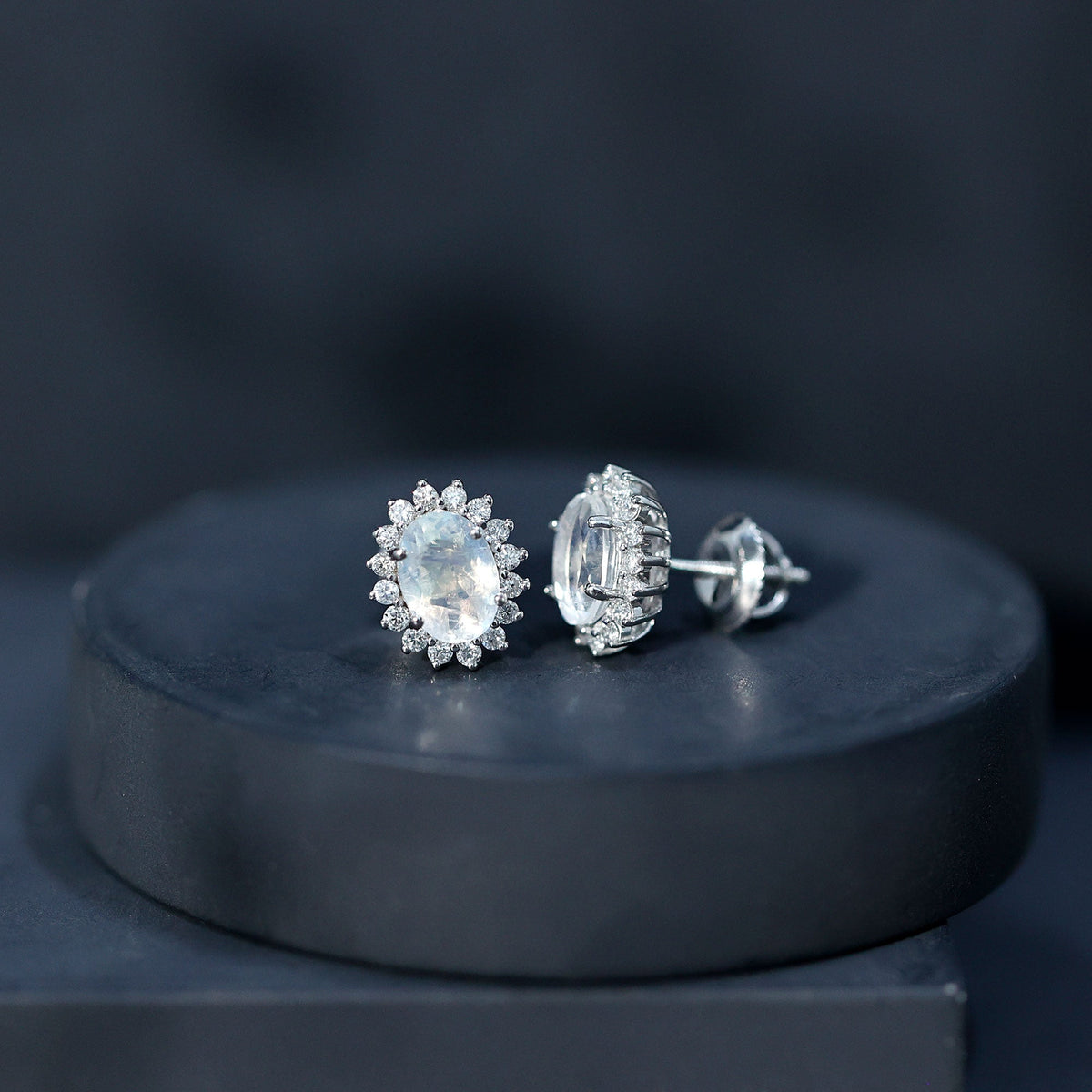 Moonstone Stud Earrings – Oval Moonstone Studs with Diamond Halo in 14K White Gold