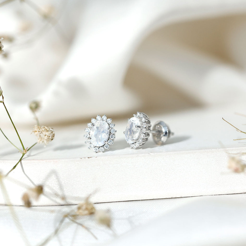 Moonstone Stud Earrings – Oval Moonstone Studs with Diamond Halo in 14K White Gold