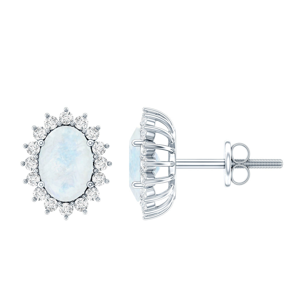 Moonstone Stud Earrings – Oval Moonstone Studs with Diamond Halo in 14K White Gold