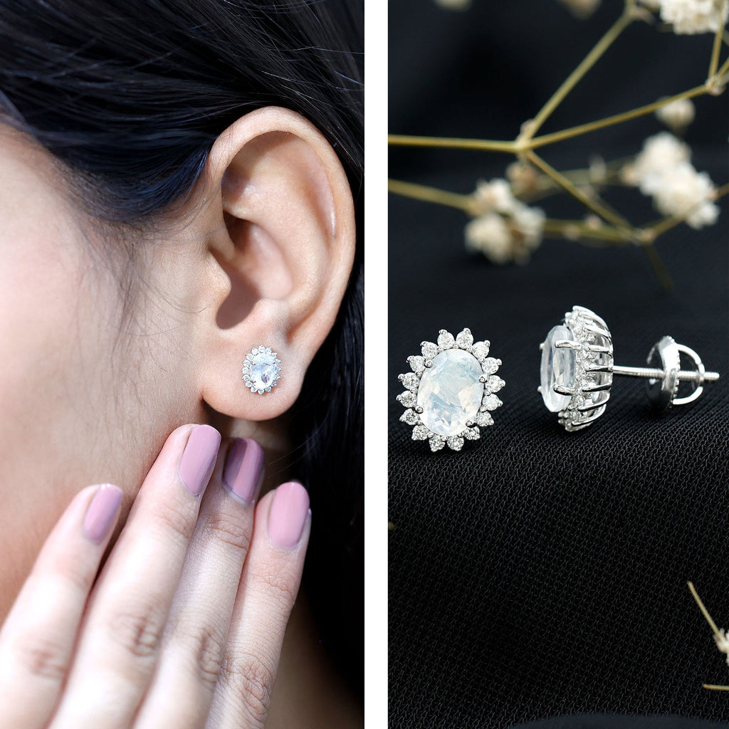 Moonstone Stud Earrings – Oval Moonstone Studs with Diamond Halo in 14K White Gold