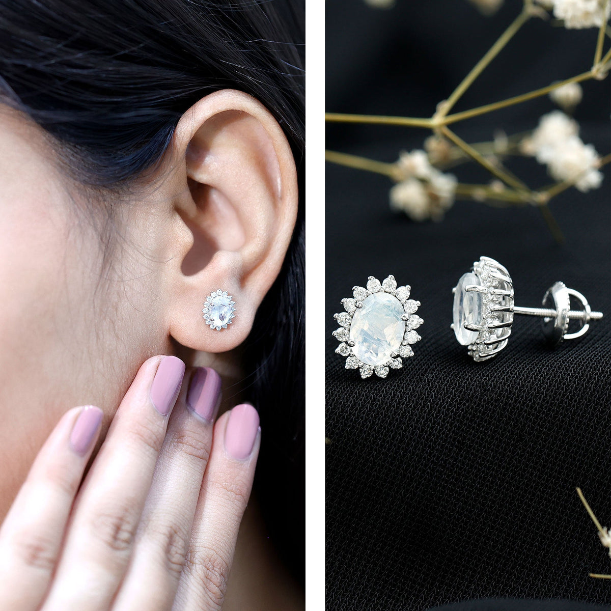 Moonstone Stud Earrings – Oval Moonstone Studs with Diamond Halo in 14K White Gold