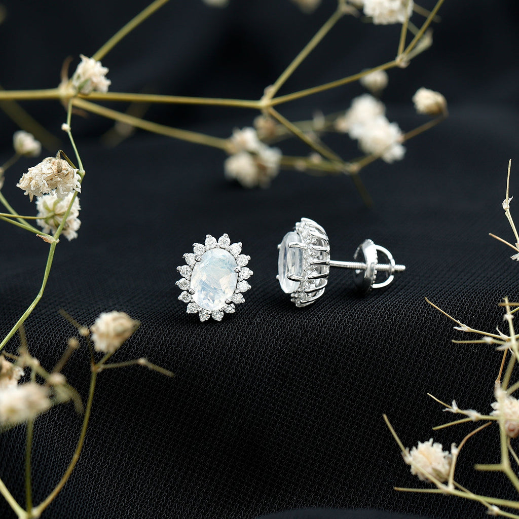 Moonstone Stud Earrings – Oval Moonstone Studs with Diamond Halo in 14K White Gold