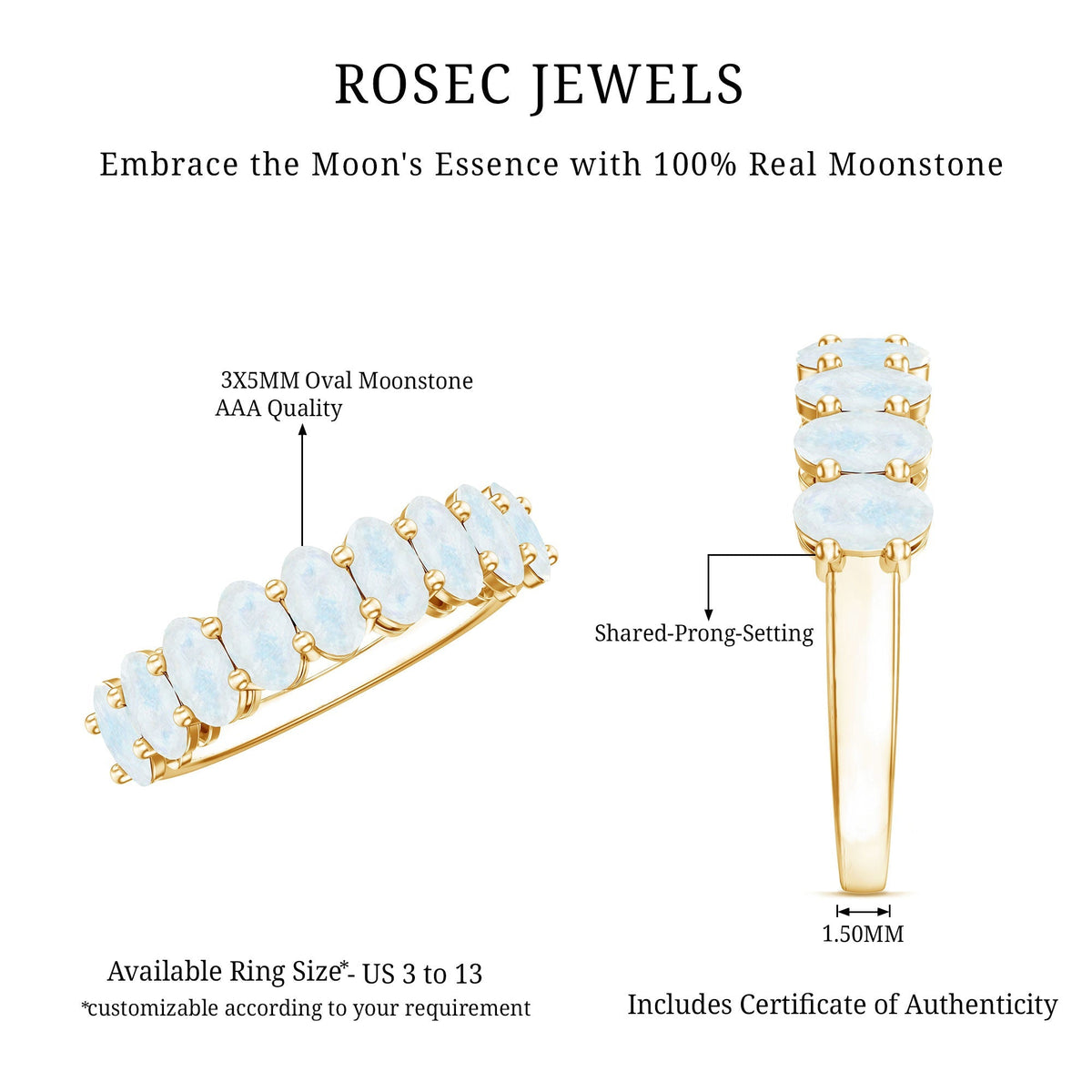 Moonstone Wedding Band – Oval Half Eternity Ring With Light Blue Gemstones