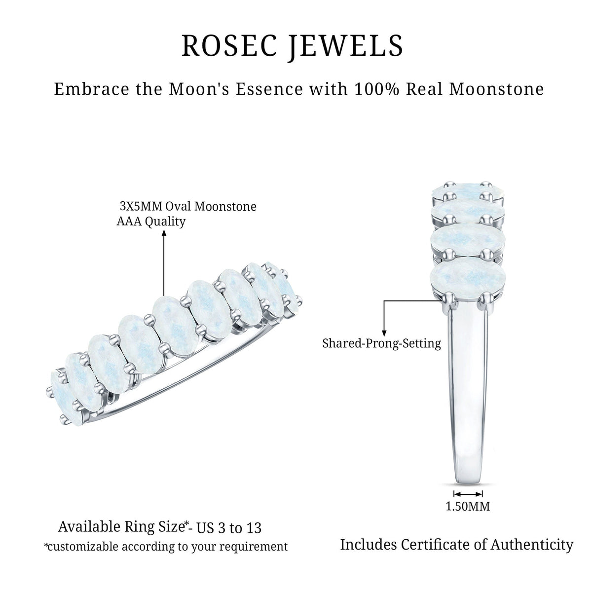 Moonstone Wedding Band – Oval Half Eternity Ring With Light Blue Gemstones