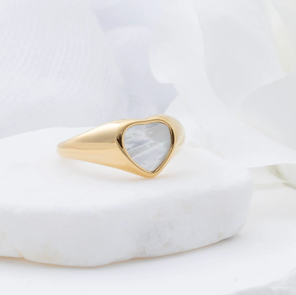 18K Gold PVD Stainless Steel MOP Signet Ring- gold studio