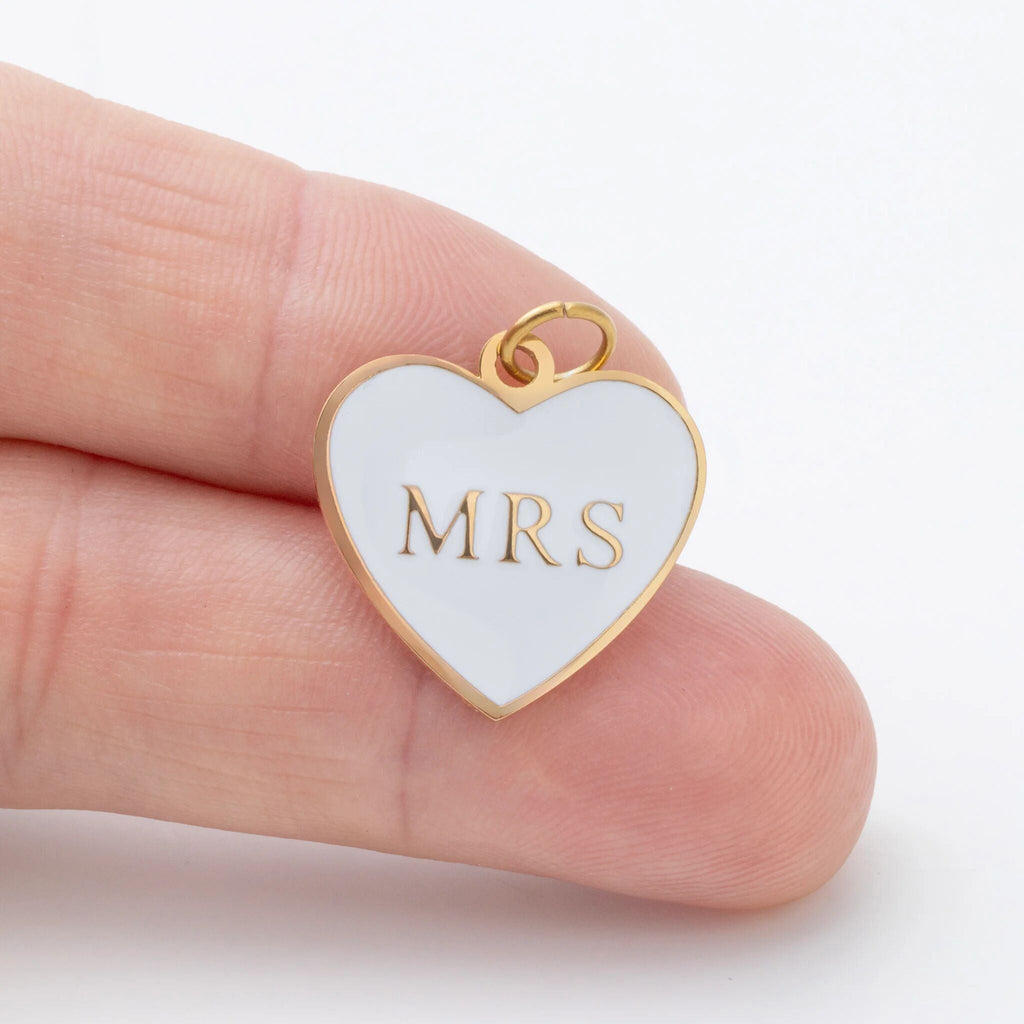 18K Gold PVD Stainless Steel White Heart Mrs Charm- scale shot 