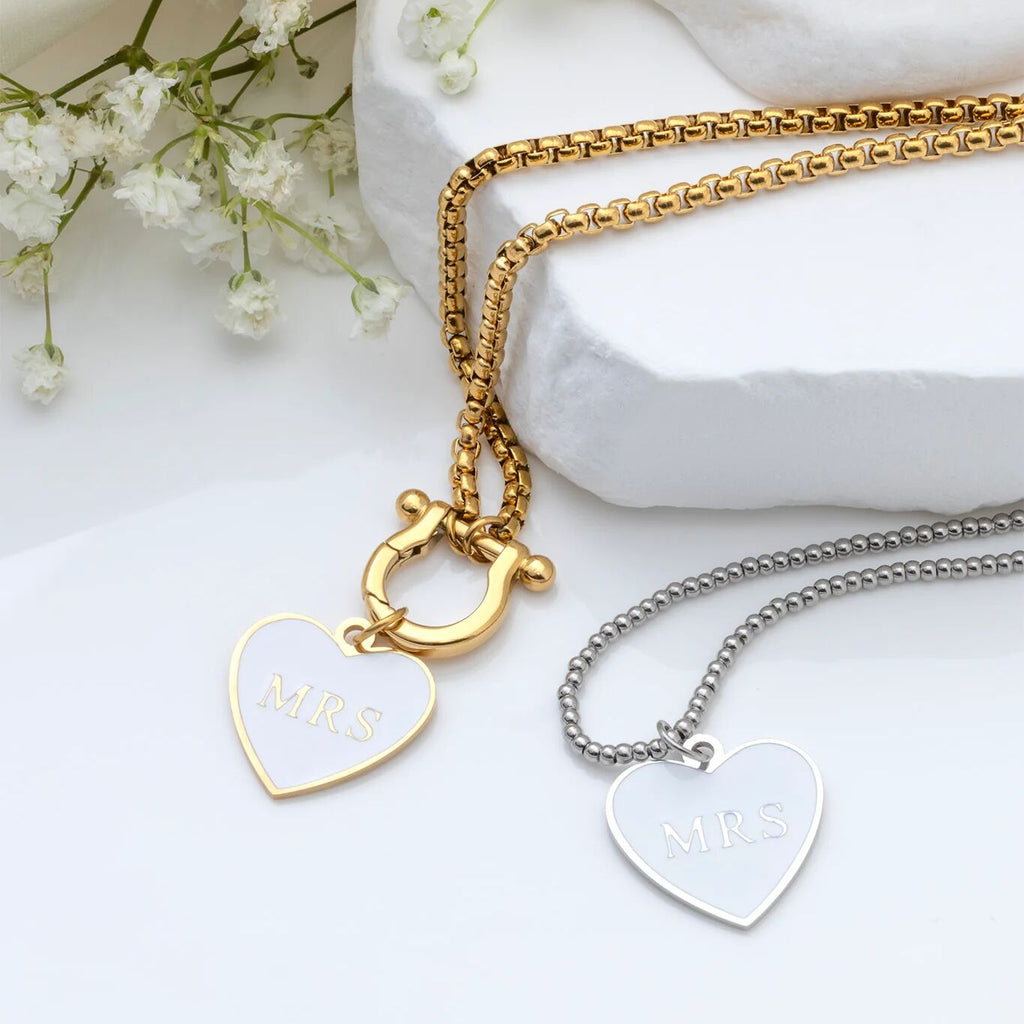 18K Gold PVD Stainless Steel White Heart Mrs Charm- gold and silver studio 
