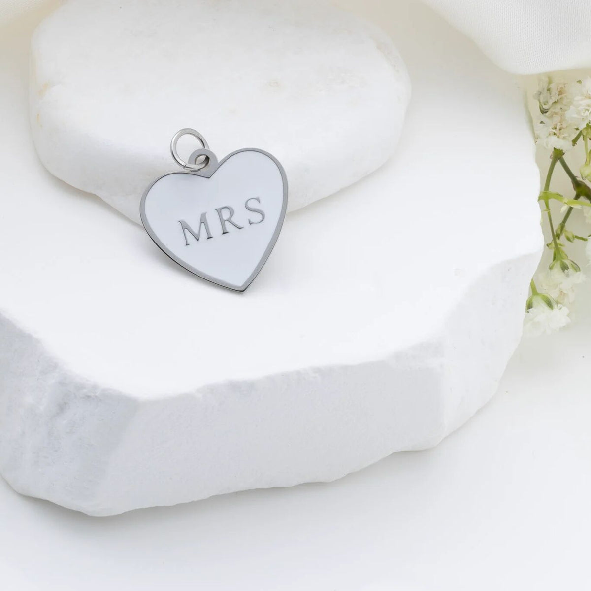 18K Gold PVD Stainless Steel White Heart Mrs Charm- silver studio 