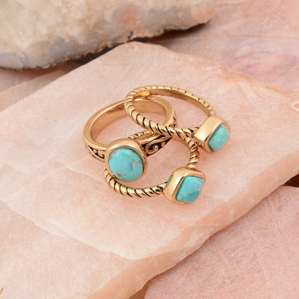 Multi-Shape Blue Turquoise and Golden Trio Ring Set