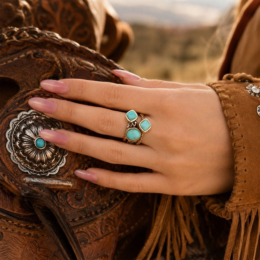 Multi-Shape Blue Turquoise and Golden Trio Ring Set