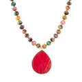 Jeweled Multicolor Tiger's Eye and Pink Jade Pendant Golden Necklace