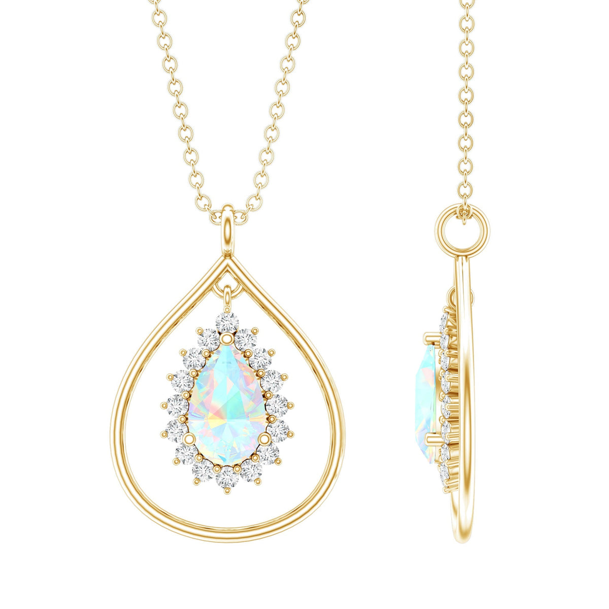 Natural 0.6 Carat Ethiopian Opal Teardrop Pendant Necklace with Lab Diamond Halo