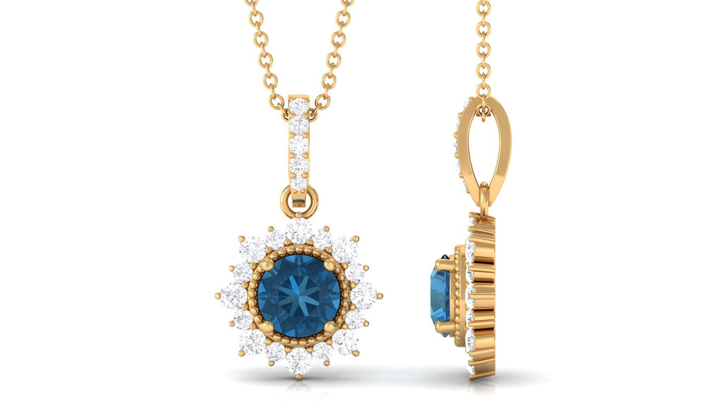 Natural 0.6 Carat London Blue Topaz Pendant Necklace with Diamond Halo