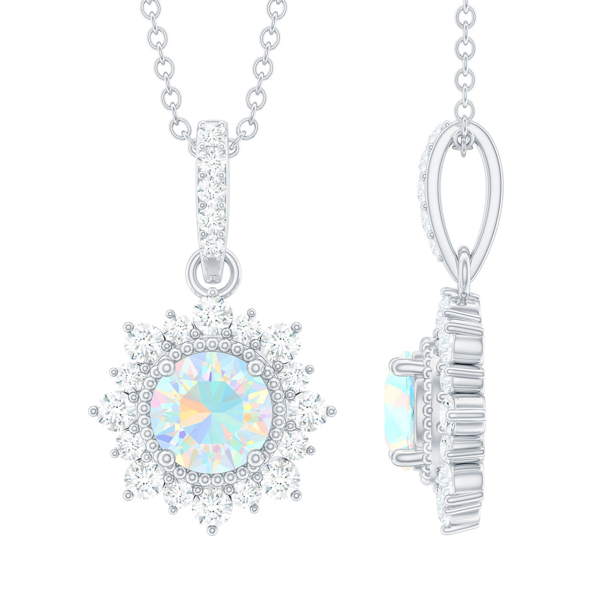 Natural 0.8 Ethiopian Opal Flower Necklace with Diamond Halo