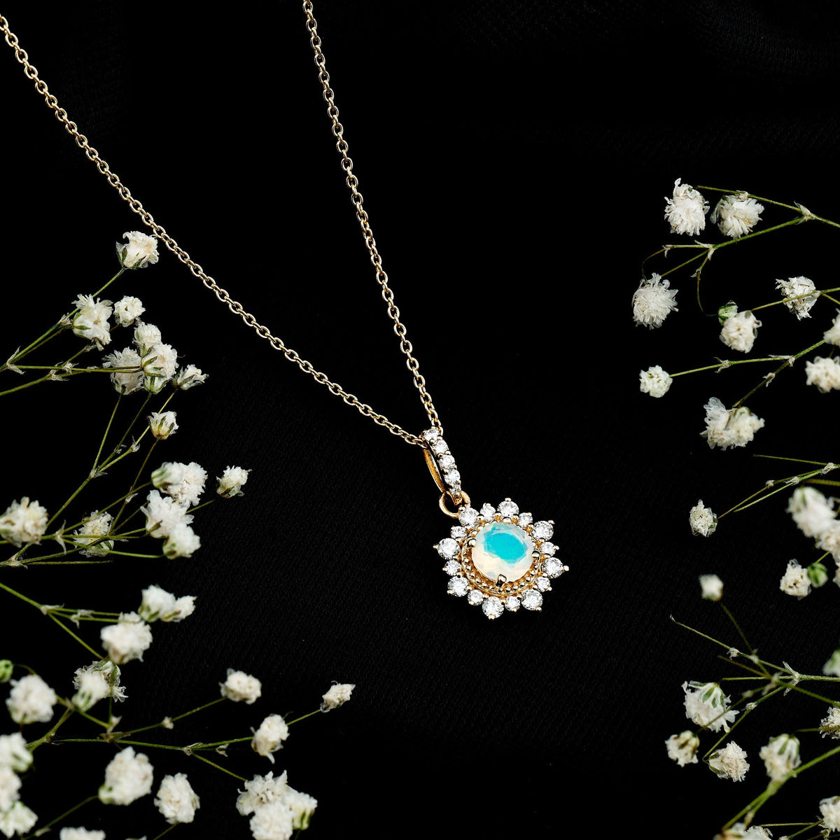 Natural 0.8 Ethiopian Opal Flower Necklace with Diamond Halo