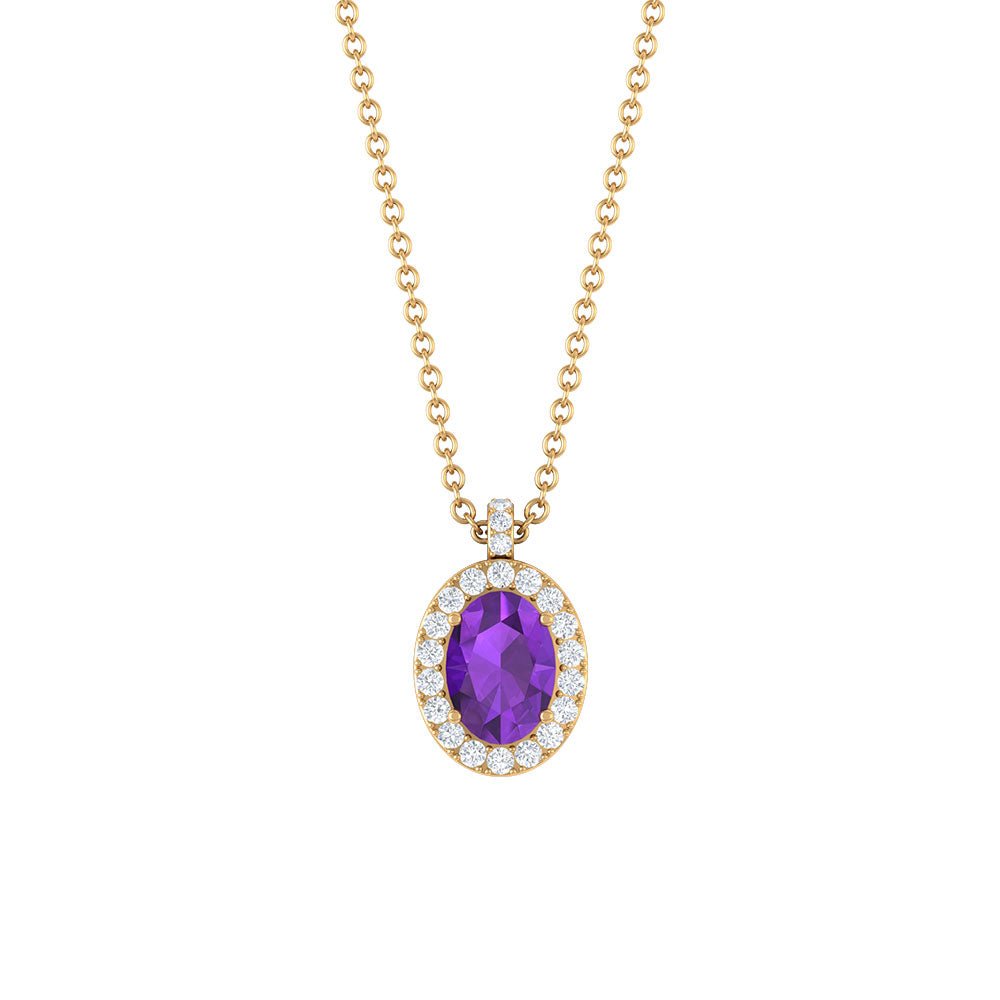 Natural 1 Carat Oval Amethyst Necklace with Diamond Halo