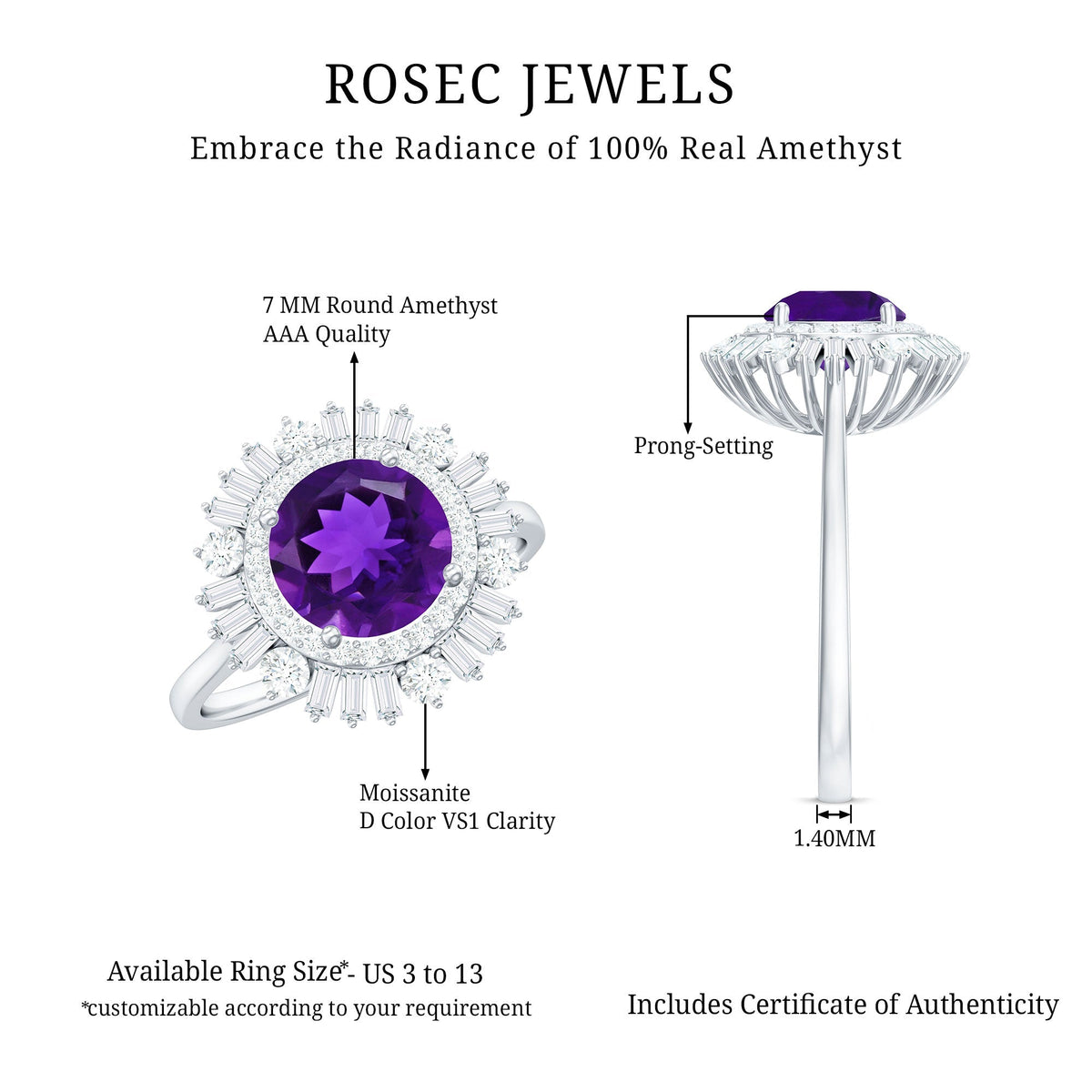 Natural 1.2 Carat Amethyst Statement Engagement Ring with Moissanite Double Halo