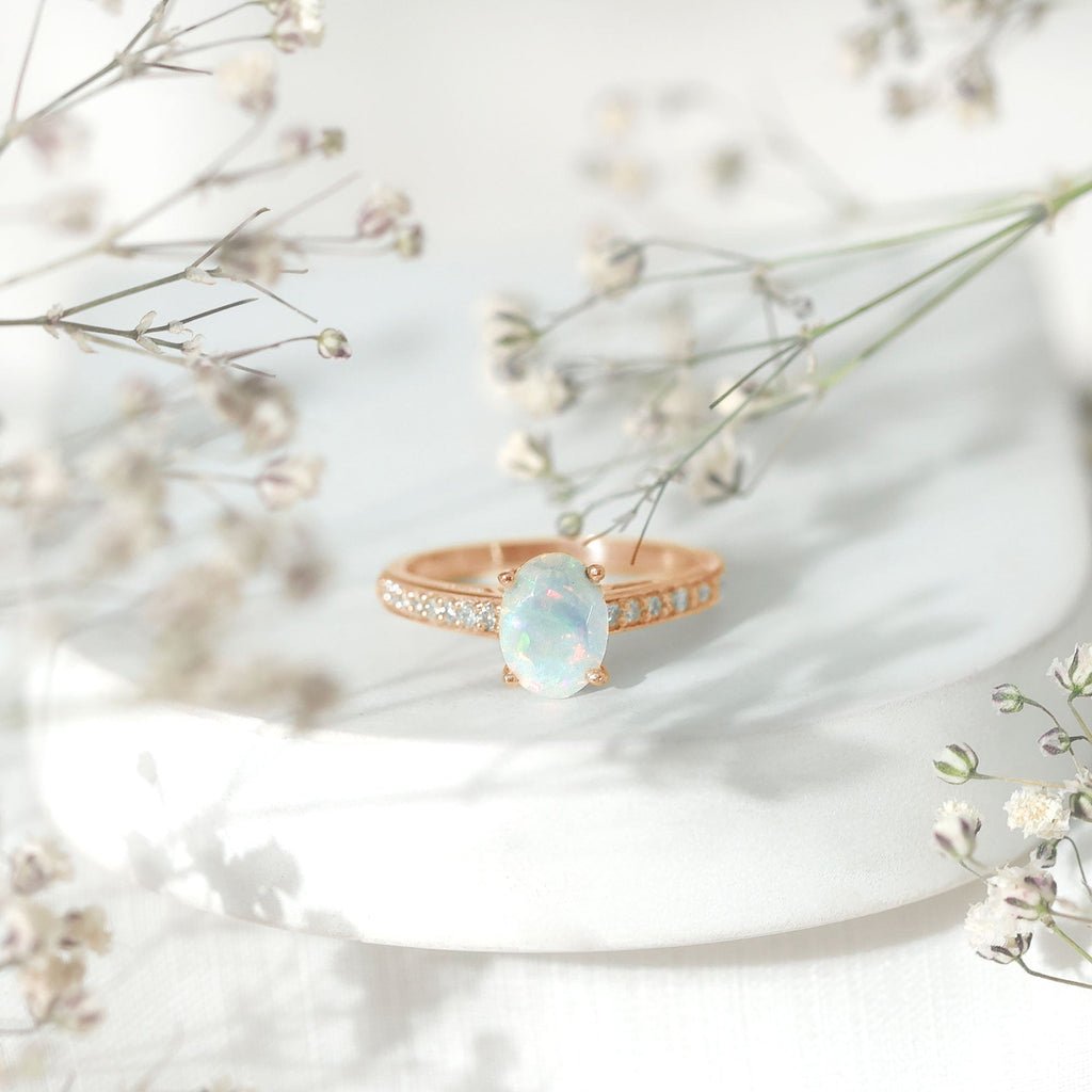 Natural 1.2 Carat Ethiopian Opal Oval Engagement Ring with Diamond Side Stones