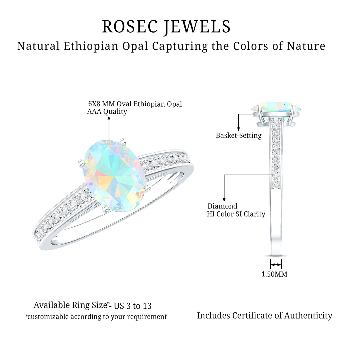 Natural 1.2 Carat Ethiopian Opal Oval Engagement Ring with Diamond Side Stones