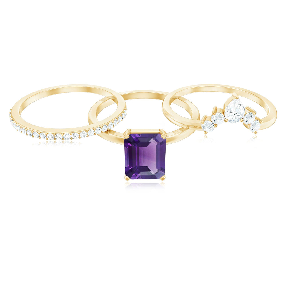 Natural 1.4 Carat Amethyst 3 Piece Bridal Ring Set with Diamond