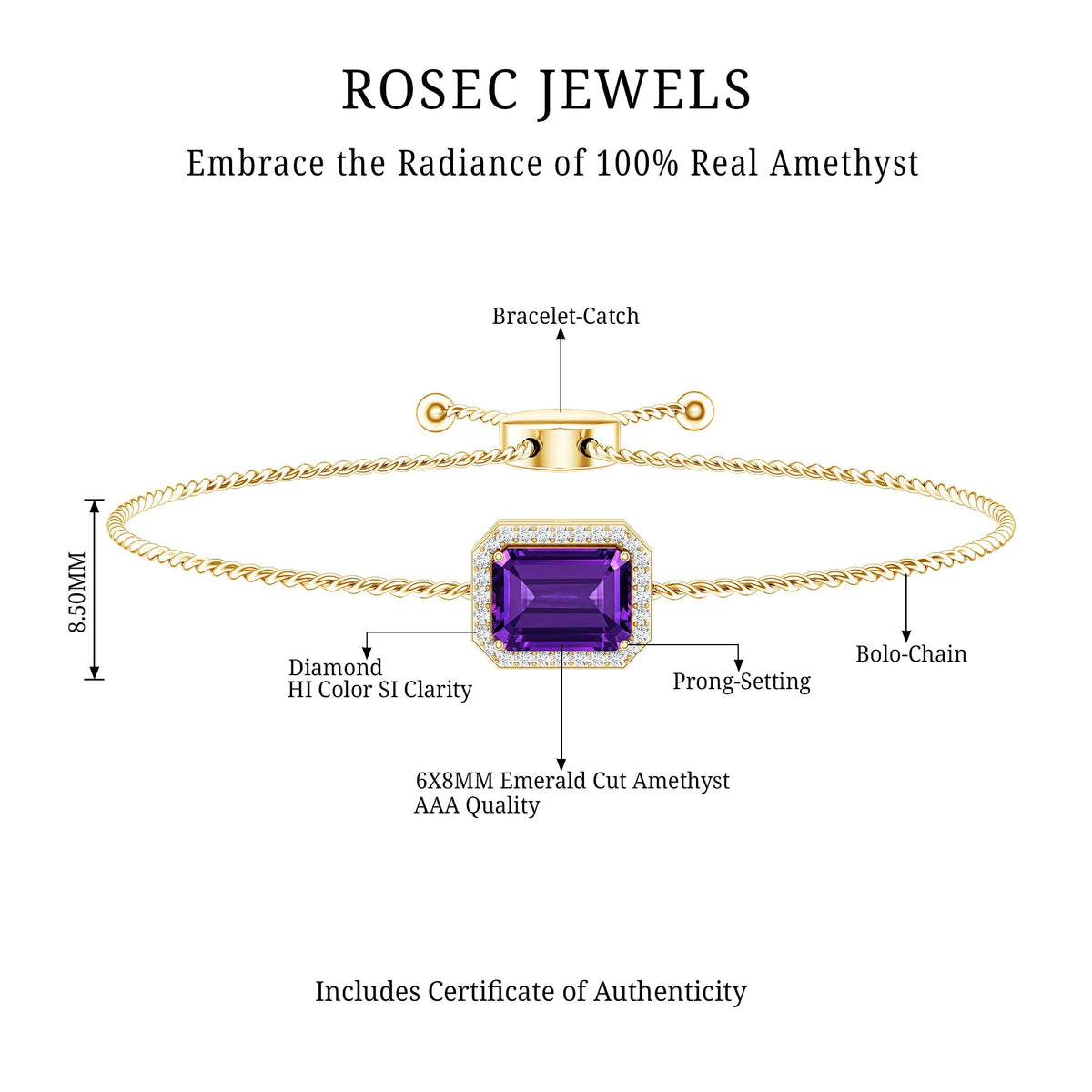 Natural 1.4 Carat Emerald Cut Amethyst Diamond Bolo Bracelet