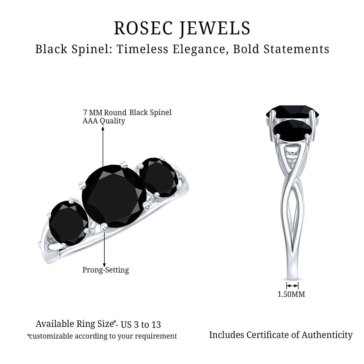 Natural 1.5 Carat Black Spinel 3 Stone Engagement Ring for Women