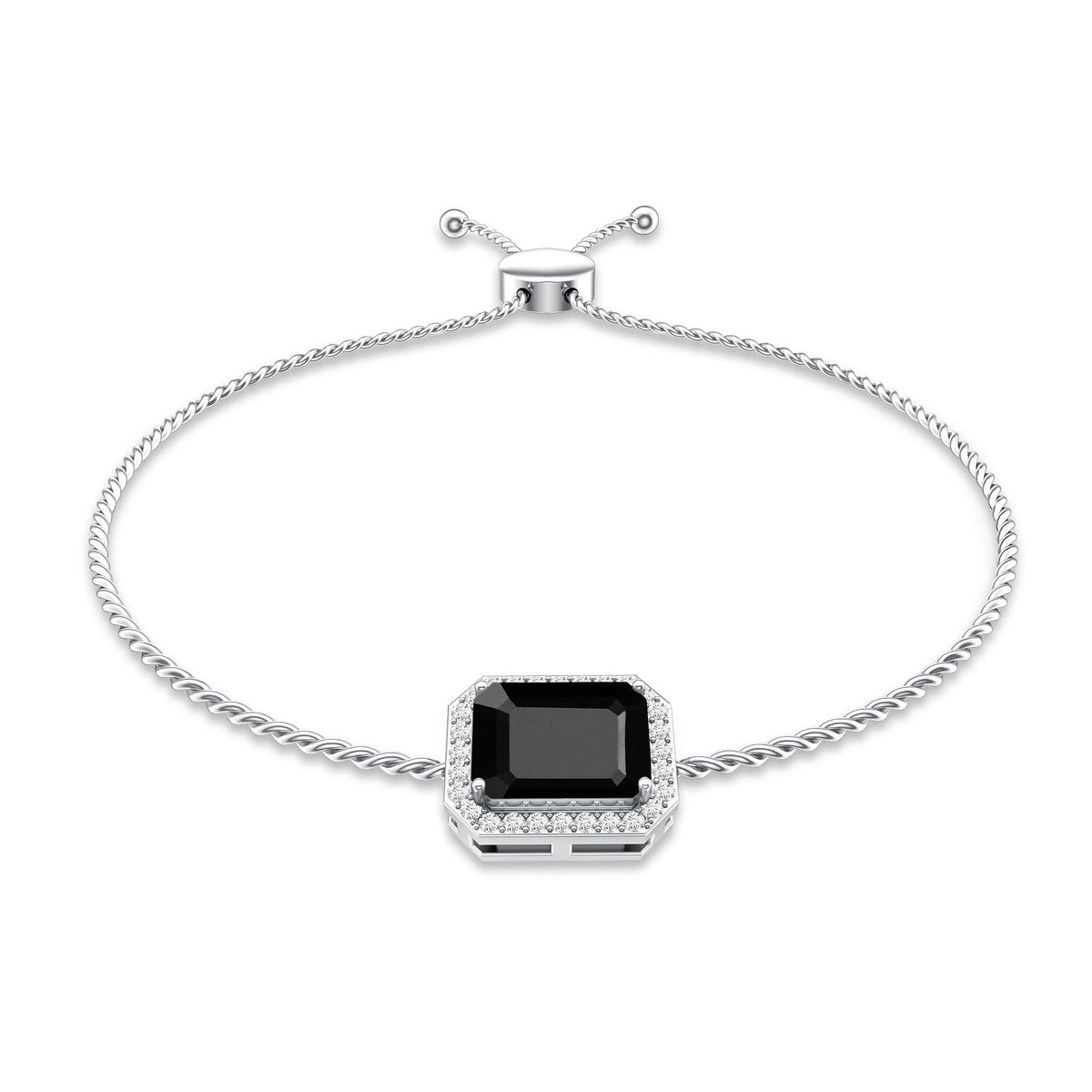 Natural 1.8 Carat Emerald Cut Black Onyx Bolo Bracelet with Diamond Halo