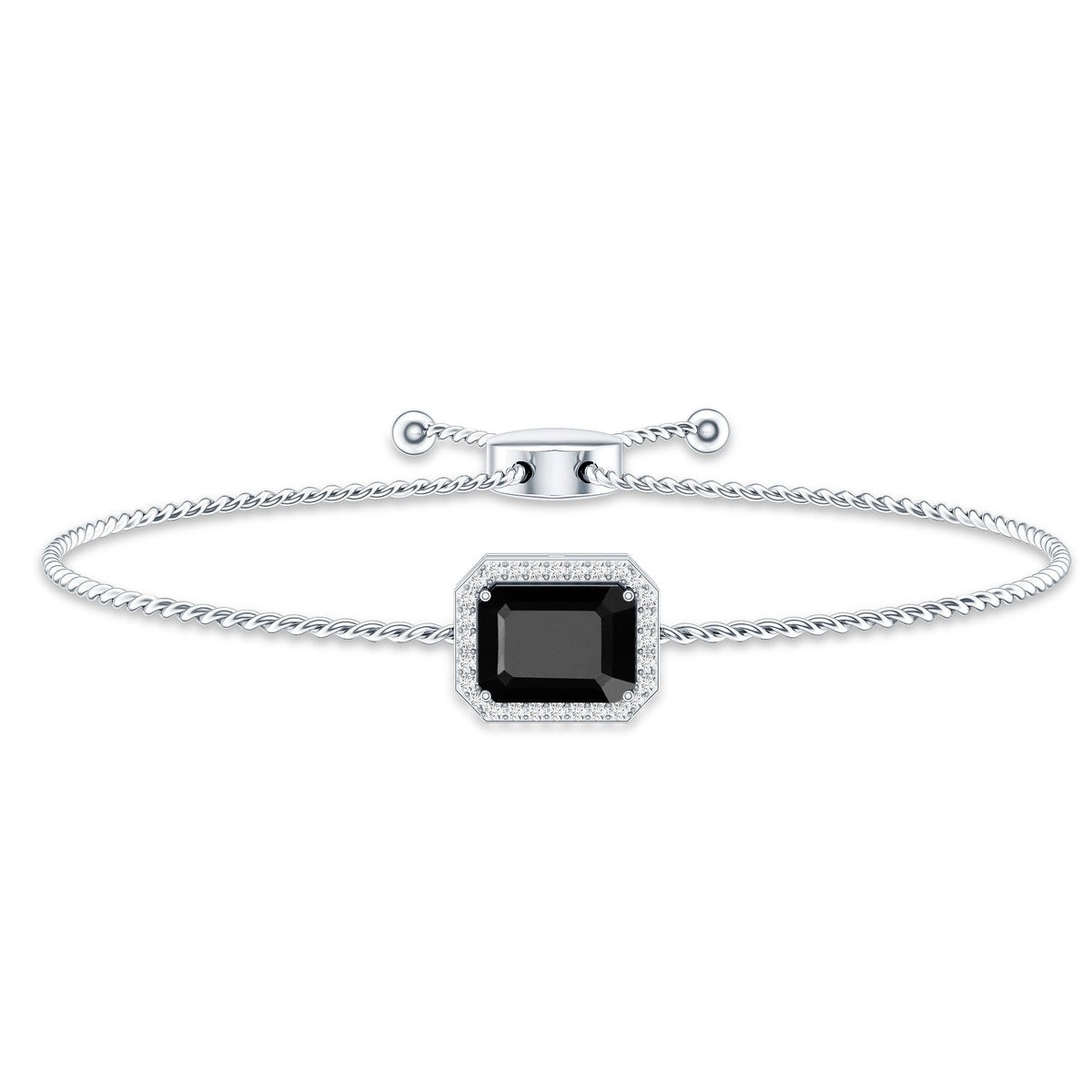 Natural 1.8 Carat Emerald Cut Black Onyx Bolo Bracelet with Diamond Halo