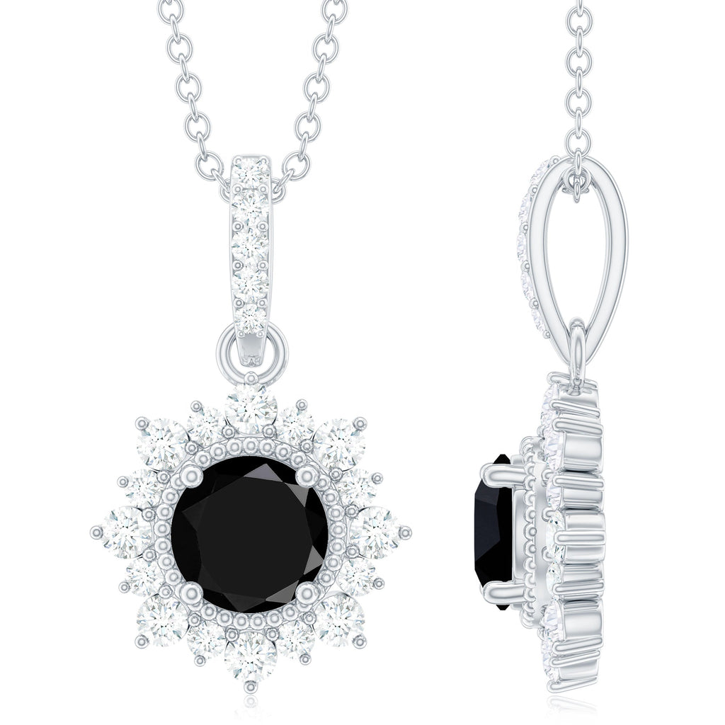 Natural 2 Carat Black Onyx Pendant Necklace with Diamond Halo