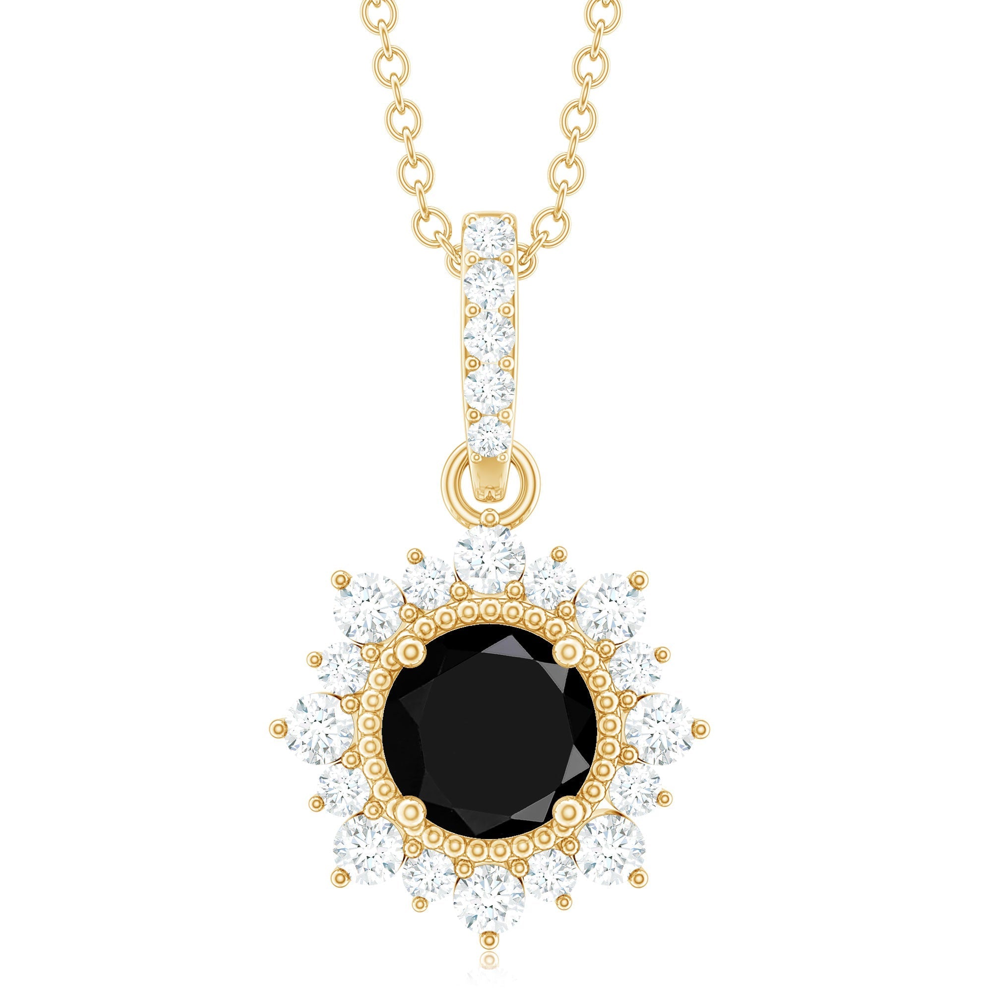 Natural 2 Carat Black Onyx Pendant Necklace with Diamond Halo
