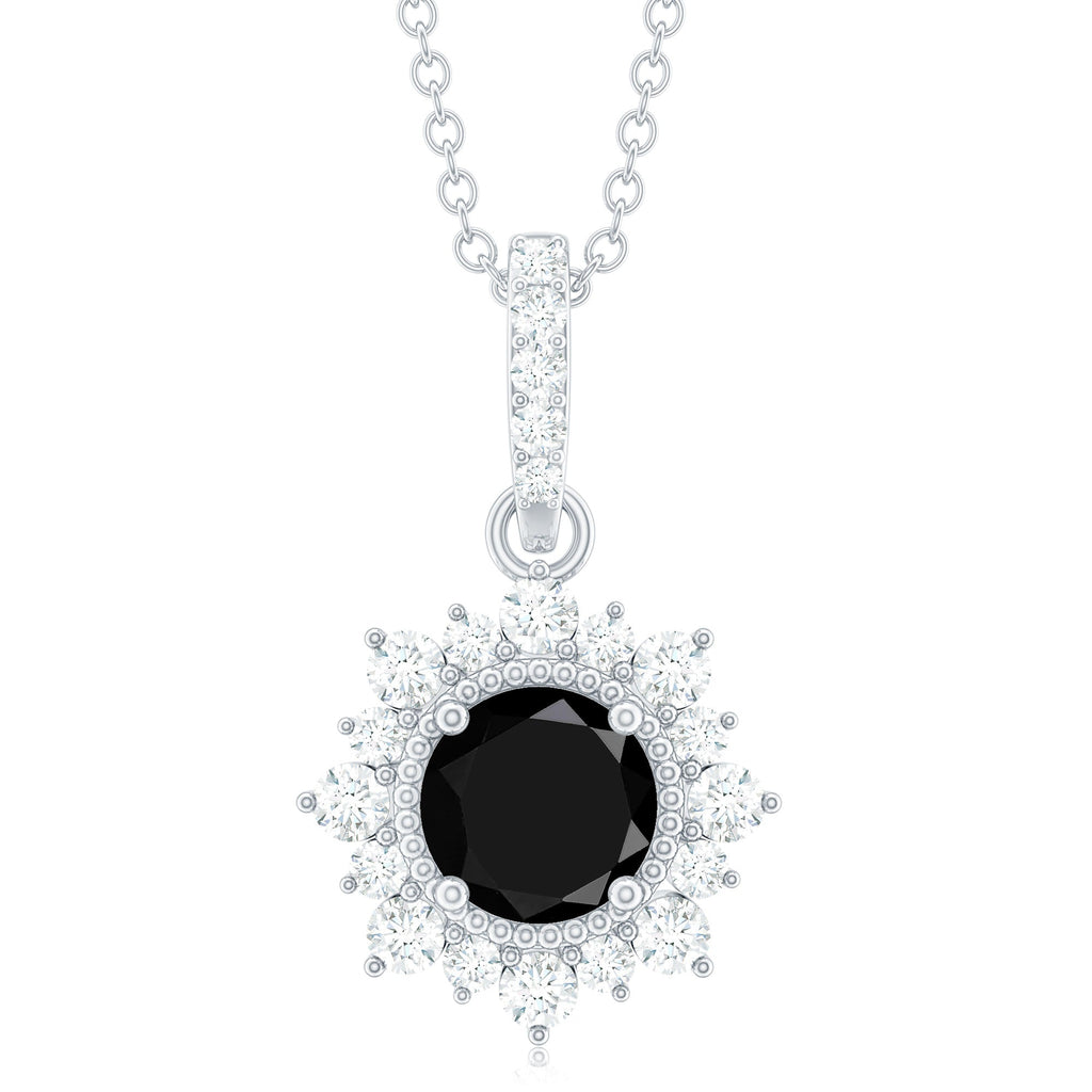 Natural 2 Carat Black Onyx Pendant Necklace with Diamond Halo
